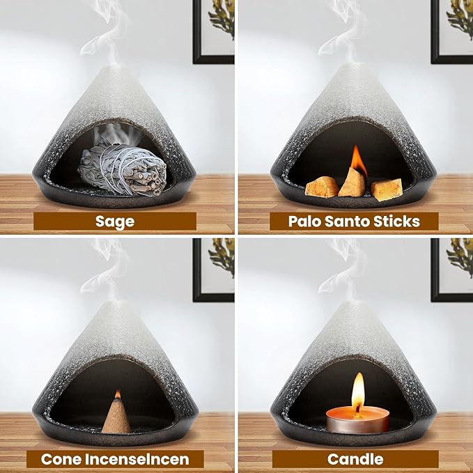 Palo Santo Holder, Mini Ceramic Zongzi Chimenea for Sage/Sticks/Cone, Modern Incense Burner for Yoga, Meditation, Energy Cleansing-Smudge Bowl with Ash Catcher, Anxiety Relief Gift for Women