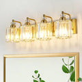 4-Light Modern Vanity Lights Brushed Brass Bathroom Light Fixtures Over Mirror Gold Bathroom Vanity Lighting with Crystal Shade E26 Base Wall Sconce for Bedroom Living Room Restroom Wall Lamp