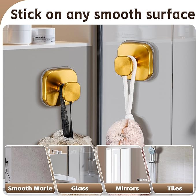 Heavy Duty Reusable Suction Cup Hooks for Kitchen/Bathroom/Shower - Wet-Proof Hooks for Towels, Robes, Loofah&Wreaths/No Drill Mounting on Glass, Tile, Metal (2, Brushed Gold)