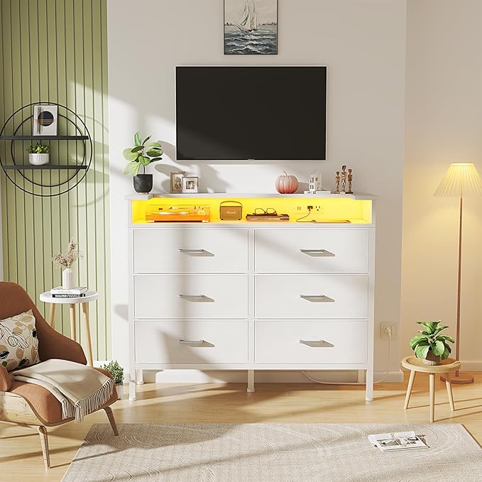 BOLUO White Dresser with LED Light and Charging Station for Bedroom 6 Drawer Dresser with USB Outlet, Fabric Dressers & Chests of Drawers Modern