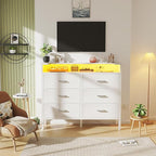 BOLUO White Dresser with LED Light and Charging Station for Bedroom 6 Drawer Dresser with USB Outlet, Fabric Dressers & Chests of Drawers Modern