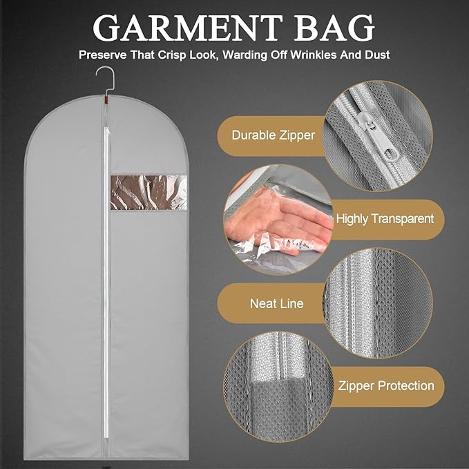 62-Inch Garment Bags Covers,Hanging Clothes Bag, Suit Cover Bags with Clear Window for Hanging Closet Clothes Storage and Travel (Gray)