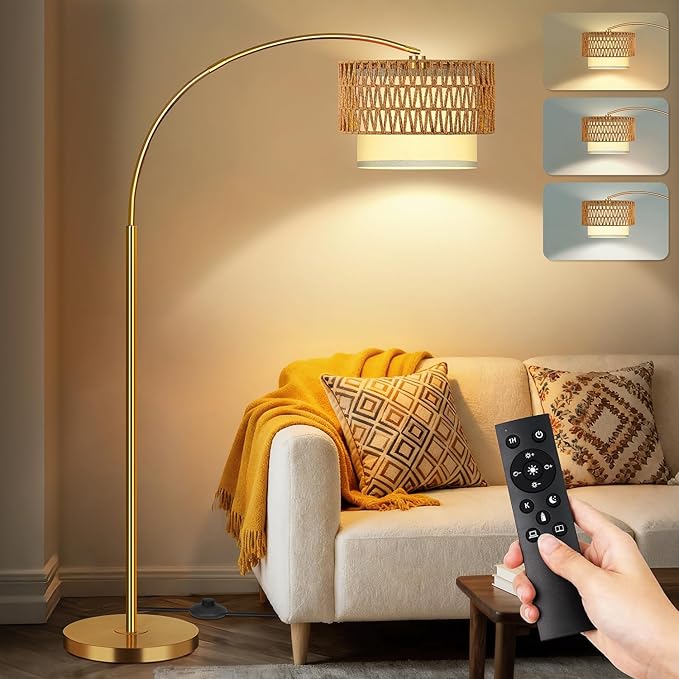 Gold Floor Lamps for Living Room, Arc Floor Lamp with Remote & Dimmable Bulb, Boho Standing lamp with 3 Color Temperatures, Adjustable Rattan & Fabric Shades Tall Lamp, Over Couch Reading Lamp