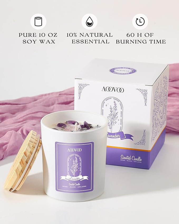 AOOVOO Lavender Scented Candles for Women - Aromatherapy Candle with Crystals Inside, 10oz Soy Candles for Home Scented, Birthday Gifts Valentines Day Candle for Women Mom