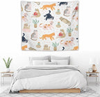 VUMIVI Cute Cat Tapestry Kids Hand-Painted Doodles Colorful Illustrations Potted Plants Paw Prints Tapestry Wall Hanging for Living Room Bedroom Dorm Classroom Aesthetic Decor W60xL50in