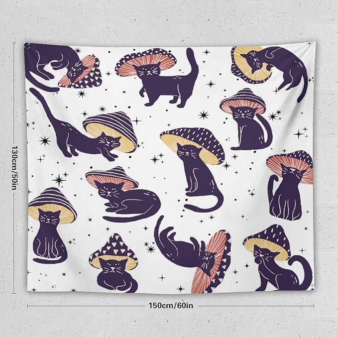 VUMIVI Funny Cat Mushroom Tapestry Retro 70s Hippie Style Cute Black Kitten Star Aesthetic Art Print Tapestry Wall Hanging for Living Room Bedroom Dorm Classroom Aesthetic Decor W60xL50in