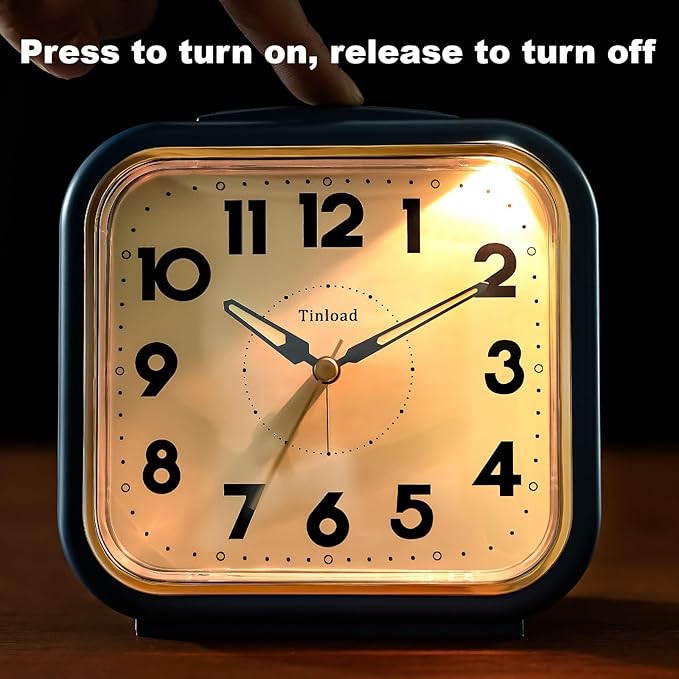 5.5" Large Analog Alarm Clock • Silent Non Ticking • Gentle Wake • Beep Sounds • Increasing Volume • Battery Operated Snooze and Manual Light • Retro Blue