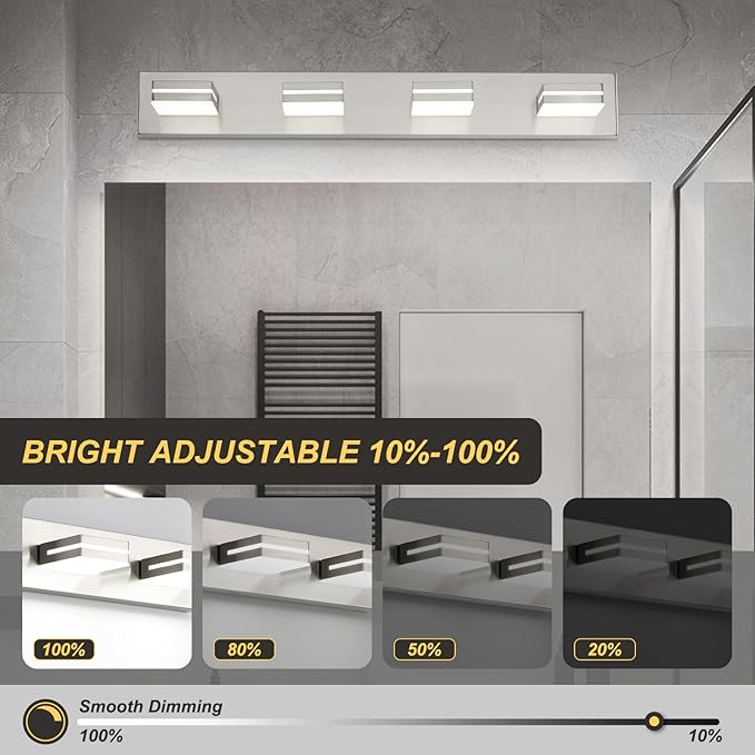 OKELI 4 Lights Bathroom Vanity Light Fixtures Brushed Nickel LED Dimmable Vanity Light Over Mirror Modern Wall Mounted Lighting Fixture, 350° Rotatable Lamp Head 32W Cold White 6000K ETL Listed
