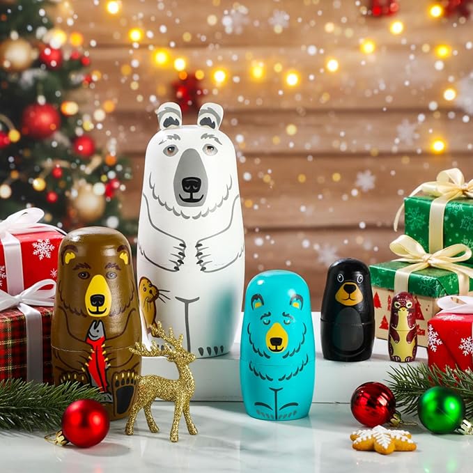 Gejoy Russian Nesting Dolls for Kids Handmade Matryoshka Wooden Stacking Toys Nesting Dolls Collectible Gifts for Winter Christmas Holiday Present Boys Girls Adults Home Decor(Bear Animal)