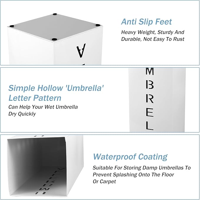 Metal Umbrella Stand Holder, 16.5x6.3x6.3inch Square Free Standing Umbrella Rack Decorative Umbrella Holder Bin Multipurpose Walking Sticks Holder for Umbrella Cane Entryway (White)