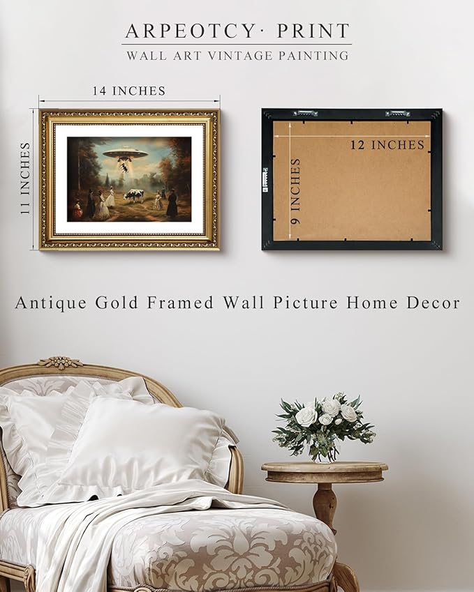 ARPEOTCY Vintage Gold Framed Wall Art Decor, 11x14 Inch Funny Gothic UFO Halloween Canvas Wall Art for Living Room Bedroom Entryway, Retro Victorian Landscape Bathroom Decor Aesthetic