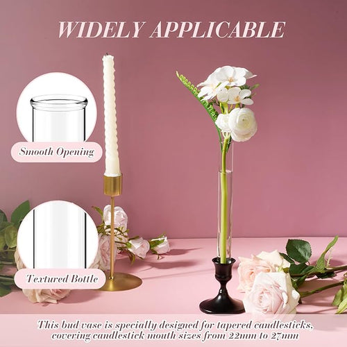 15 Pack 7.9" Glass Bud Vase Taper Candle Holder's Bud Vase for Flower Candlestick Sizes from 22mm to 27mm Adjustable Designed Specially for Taper Candle Holder for Tablescapes, Wedding Decor