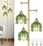 Vintage Floor Lamps for Living Room Bedroom-3 Light Glass Floor Lamp with Three Led Bulb, Flower Tall Floor Lamp Gold Mid Century Modern Standing Lamp Tree Floor Lamps for Living Room Bedroom Corner