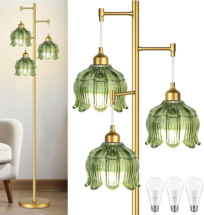 Vintage Floor Lamps for Living Room Bedroom-3 Light Glass Floor Lamp with Three Led Bulb, Flower Tall Floor Lamp Gold Mid Century Modern Standing Lamp Tree Floor Lamps for Living Room Bedroom Corner