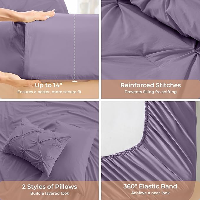 Sasttie Twin Comforter Set, 5-Piece Bed in a Bag, Pintuck Bedding Sets for All Season, Includes Comforter, Flat Sheet, Fitted Sheet, Pillowcase and Pillowsham, New Purple
