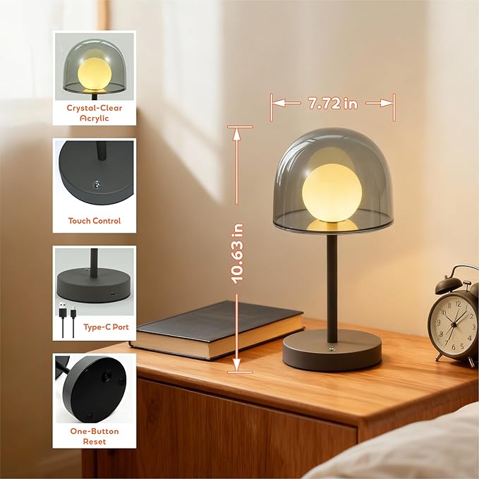 Rechargeable Small Counter Lamp, LED Modern Table Lamp with 3CCT & Stepless Dimming, Bedside Light for Study Living Room and Office, Mushroom Style (Smoky Grey)
