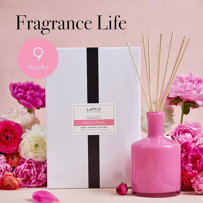 LAFCO New York Signature Reed Diffuser, Duchess Peony - 15 oz - Up to 9 Months Fragrance Life - Reusable, Hand Blown Glass Vessel - Natural Wood Reeds - Made in The USA