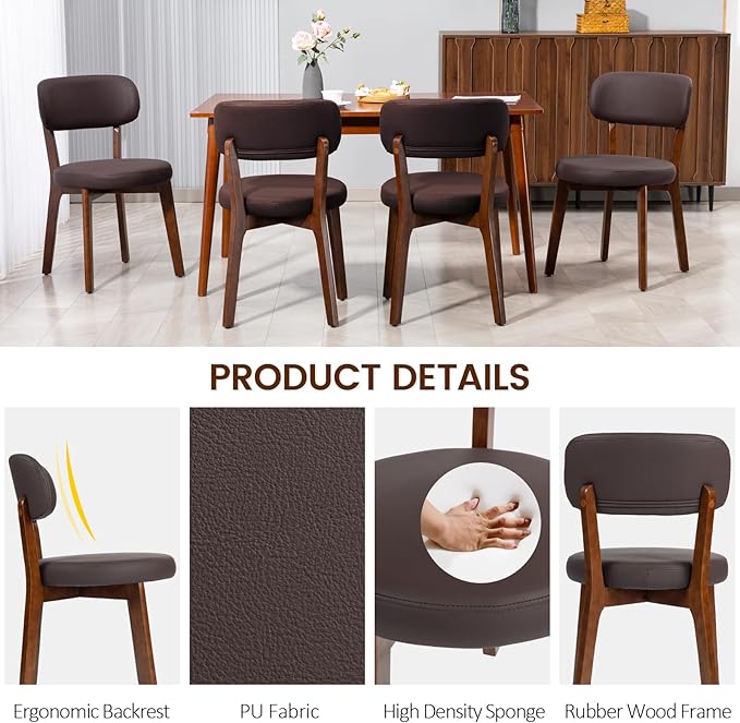 Yilaywain Mid-Century Modern Dining Chairs with Rubberwood Frame, Black Faux Leather Upholstered, 250 LBS Weight Capacity, Anti-Slip Protectors (Brown)