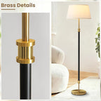 Modern Mid Century Floor Lamp with Soft Linen Shade, 63” Tall Black & Brass Standing Lamp, Weighted Base, Warm Ambient Light for Living Room, Bedroom & Reading Corners (Black & Gold)