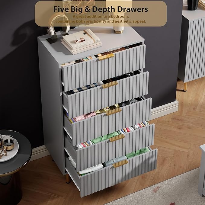 GarveeHome Fluted 5 Drawer Dresser for Bedroom, 48 in Tall Modern Chest of Drawers with Deep Drawers and Wide Top, Wooden Dresser Organizer for Living Room, Hallway, Kids Room, Grey