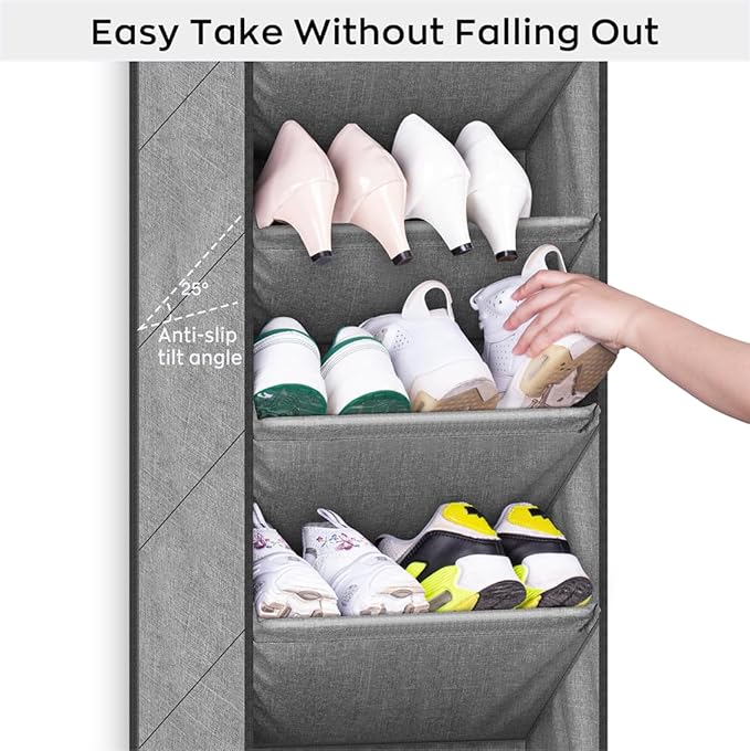 SLEEPING LAMB Shoe Rack for Door with Large Deep Pocket, Over The Door Shoe Organizer for Closet, Dorm and Narrow Hanging Sneaker Storage Holder, Grey