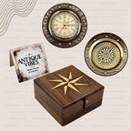 Vintage Wooden Box with Clock and Compass, Shelf Decor, London Style Roman Numeral Display, Steampunk Desk/Mantel Clocks, Wedding, Engagement Gift for Men or Women, for Husband Wife