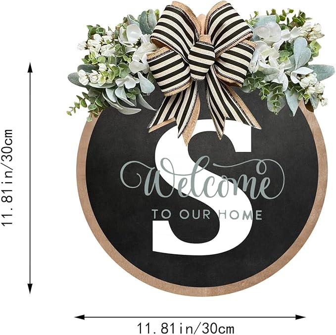 Circular Surname Front Door Welcome Sign - 26 Letter House Wreath, Front Porch Decorations, Year-Round Home Decor (S)