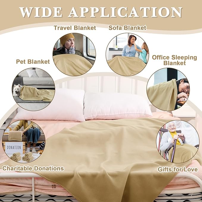 Newwiee 12 Pcs Fleece Throw Blankets Bulk 50'' x 60'' Oeko-tex Standard 100 Certified Spring Outdoor Wedding Guest Blankets Lightweight for Sleepover Donation Lap Pet Sofa Home (Khaki)