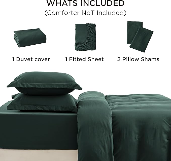 Bedsure Duvet Cover Queen Size with Fitted Sheet - 4 Pieces Prewashed Cotton-Like Polyester Extra Soft Bedding Set, Includes 1 Duvet Cover 90x90 Inches, 2 Pillow Shams, 1 Fitted Sheet, Forest Green