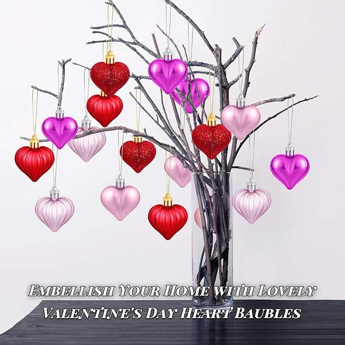 Elcoho 48 Heart Shaped Baubles Hanging Ornaments, Pink, Plastic, Valentine's Day, Christmas, New Year, Wedding, Anniversary