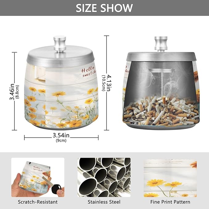 Cute Highland Cow Daisies Ashtray with Lid, Outdoor Ashtrays for Patio, Stainless Steel Ashtray Odorless Smokeless for Home Office Balcony