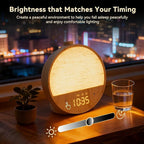 Vivilumens Wood Grain Sunrise Alarm Clock, Gentle Wake-Up Light Sound Machine, Dual Alarms for Heavy Sleepers, Natural Sounds, RGB Mood Light, Dimmable Bedside Night Lamp, Ideal for Bedroom & Gifts