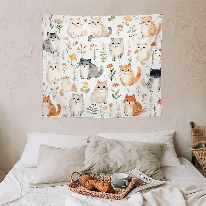 VUMIVI Cute Cat Tapestry Cartoon Pets Flowers Mushrooms Butterflies Watercolor Illustrations Tapestry Wall Hanging for Living Room Bedroom Dorm Classroom Aesthetic Decor W60xL50in