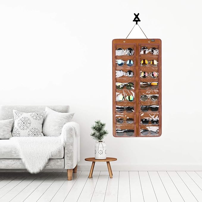 AROUY Sunglasses Organizer Storage, Hanging Dust Proof Wall Pocket Glasses Organizer - 16 Felt Slots Sunglass Organizers Holder with Metal Hook and Sturdy Rope (Brown, Dust Proof)