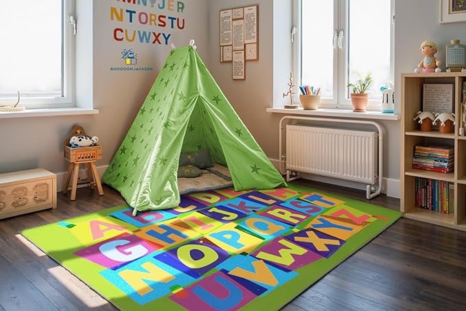Booooom Jackson Classroom Rug Elementary 6’7'’ x 9', ABC Classroom Carpet Green Preshool Rugs for School, Classroom Area Rug Educational Carpet with Alphabet Non-Slip Backing,