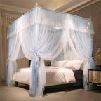 VETHIN 4 Corners Post Ruffle Princess Bed Canopy Curtain-Double Layer Cozy Drape Netting 4 Opening Mosquito Net for Girls Adults Bedroom Decoration (Gray/White,59" W*82" L*82"*H/Queen)