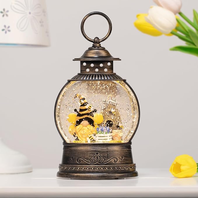 Bee Hive Decor Spring Bee Gnome Light Up Snow Globe 6H Timer Honey Bee Decorations for Spring Decor,Home Shelf Decor,Battery Operated & USB Operated
