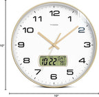 Wall Clock, 10" Dial Non-Ticking Silent Battery Operated Analog with LCD Display for Perpetual Calendar and F° Temperature, Ideal Modern Home, Bedroom, Kitchen, Office Decor (Gold)