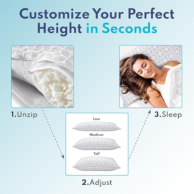 BLISSY Adjustable Memory Foam Pillow for Sleeping (King Size) - Cooling Gel Pillows for Side Sleepers with Shredded Foam for Customizable Loft - CertiPUR-US & Oeko-TEX