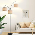 Dimmable Floor Lamp, 3 Lights Black Arc Floor Lamps for Living Room, Modern Tall Standing Tree Lamp with Linen Shade & Heavy Base, Large Floor Lamp for Bedroom Office, 3x1000 LM LED Bulbs Included