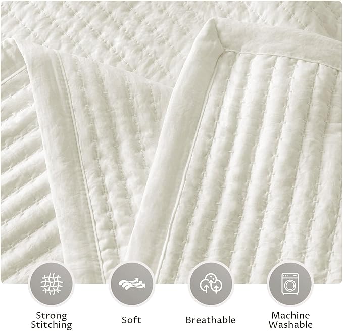 KASENTEX Queen Quilt Set 90"x90" – Soft Washed 3-Layer Lightweight Bedspread, Minimalist Nordic Design, All-Season Spring & Summer Quilt Set (1 Quilt + 2 Pillow Shams),Cream White
