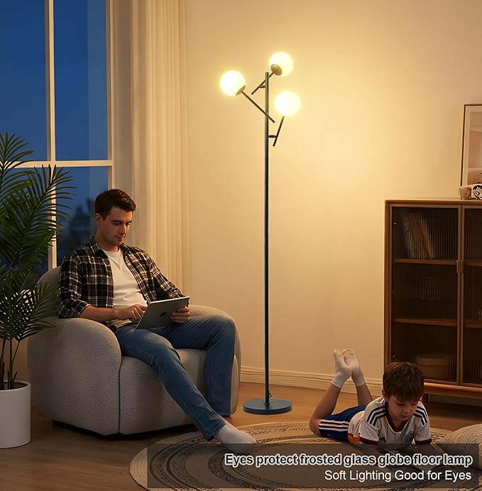 Fiqevs Globe Floor Lamp with 3 Adjustable Glass Ball Lampshade, Black Mid Modern Standing Lamp Bulbs Included, Sputnik Tree Tall Pole Lamp for Living Room, Bedroom