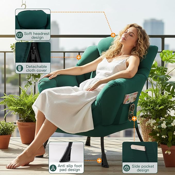 Lazy Chair for Living Room, Large Dark Green Lounge Accent Chair with a Throw Pillow, Leisure Sofa Chair Set, Comfy Reading Chair for Bedroom, Dorm Room, Office