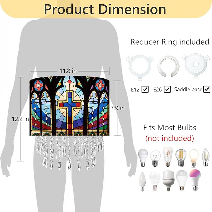 Cross Stained Glass Lamp Shade with Acrylic Bead Droplets, Drum Fabric Light Shade for Ceiling Pendant Table & Floor Lamps, Religious Christian Jesus Prayer Gift, 11.8in