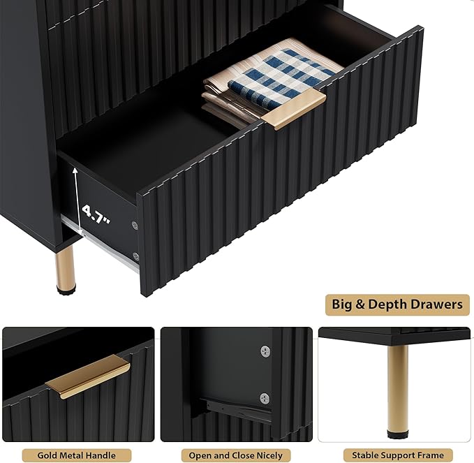 GarveeHome 5 Drawer Dresser for Bedroom, 48 in Tall Modern Chest of Drawers with Deep Drawers and Wide Top, Fluted Wooden Dresser Organizer for Living Room, Hallway, Kids Room, Black