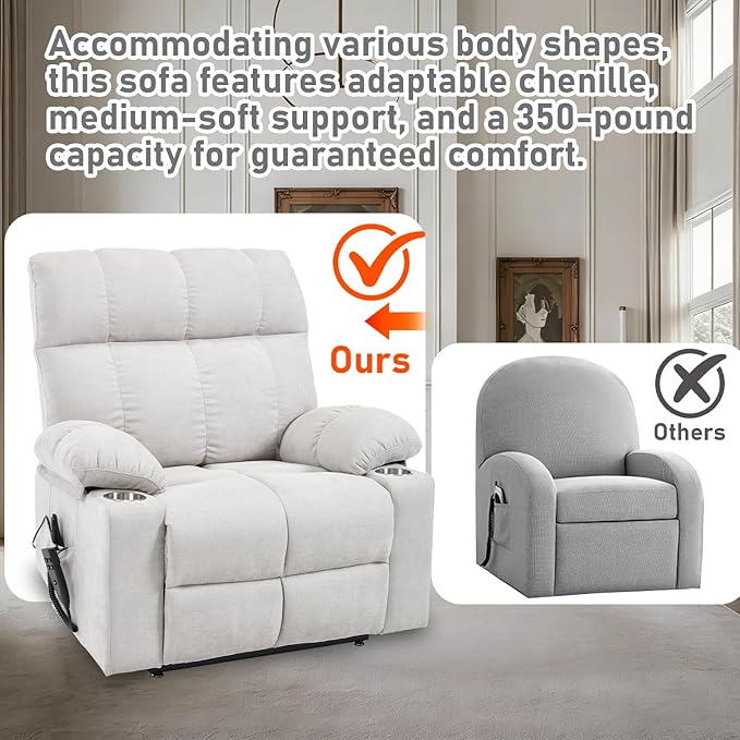Oversized Recliner Electric Lift Chair, Power Lift Recliner for Big and Tall, 180° Lay-Flat and Assisted Standing, Extra Large Sofa with 8-Point Massage & Heating, Medium-Soft, Beige