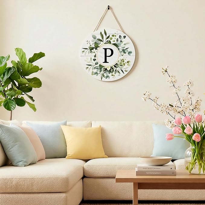 Smile Monogram Letter P Wreaths Wooden Welcome Sign, Family Last Name Initial Front Door Wall Decoration, Floral Spring Summer Porch Rustic Home Kitchen Decor