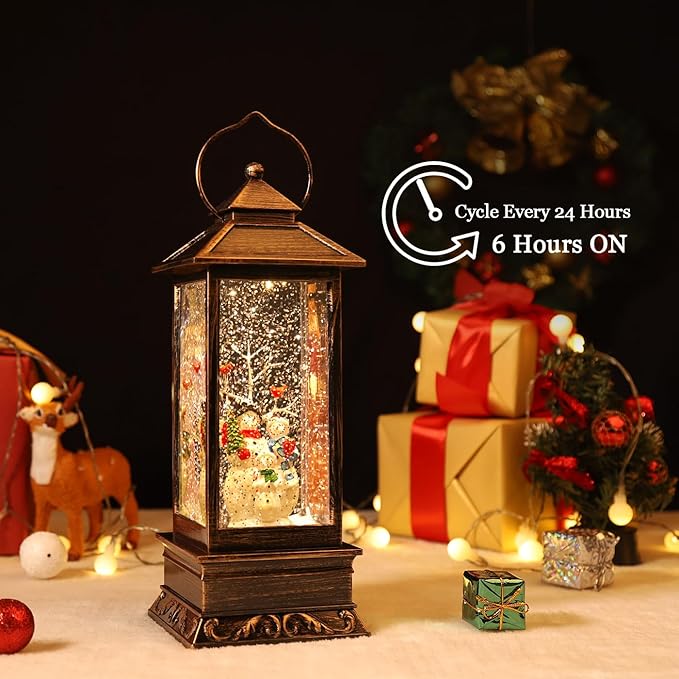Christmas Snow Globe Lantern Crystal Glitter Lantern Features 8 Songs and 6-Hour Timer Function Ideal for Holiday Decorations and Gifts USB and Battery-Powered Snow Globe (Snowman Families)