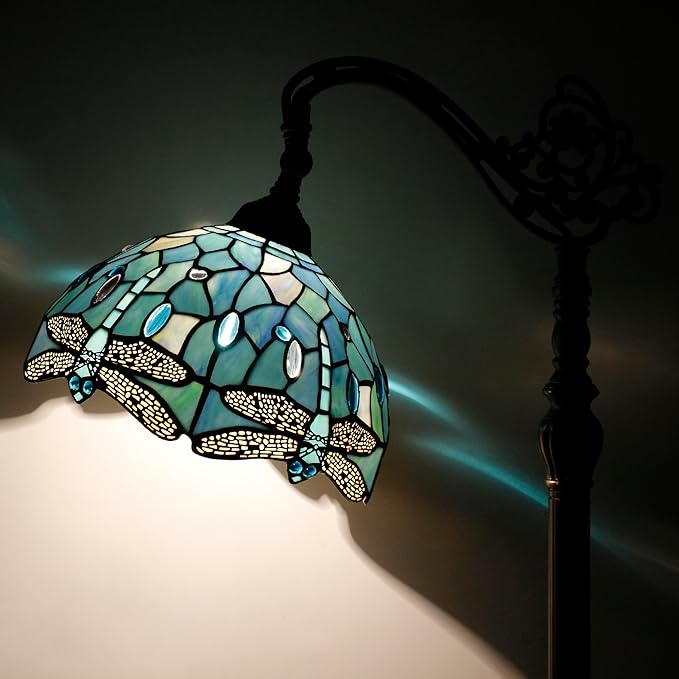 Tiffany Floor Lamp Sea Blue Stained Glass Dragonfly Style 12X12X67 Inch Angle Adjustable Arched Gooseneck Antique Reading Light