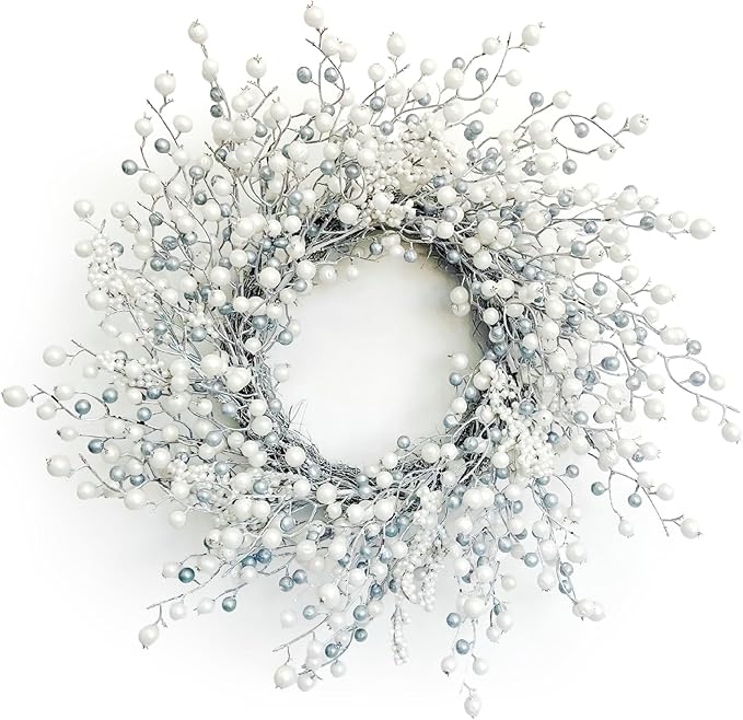 Huashen 24 Inch Spring Front Door Wreath Winter Berry Wreath Metallic Effect Pearl White & Silver Berry Christmas Wreaths for Front Door Wall Window Hanging Christmas Decoration Home Décor